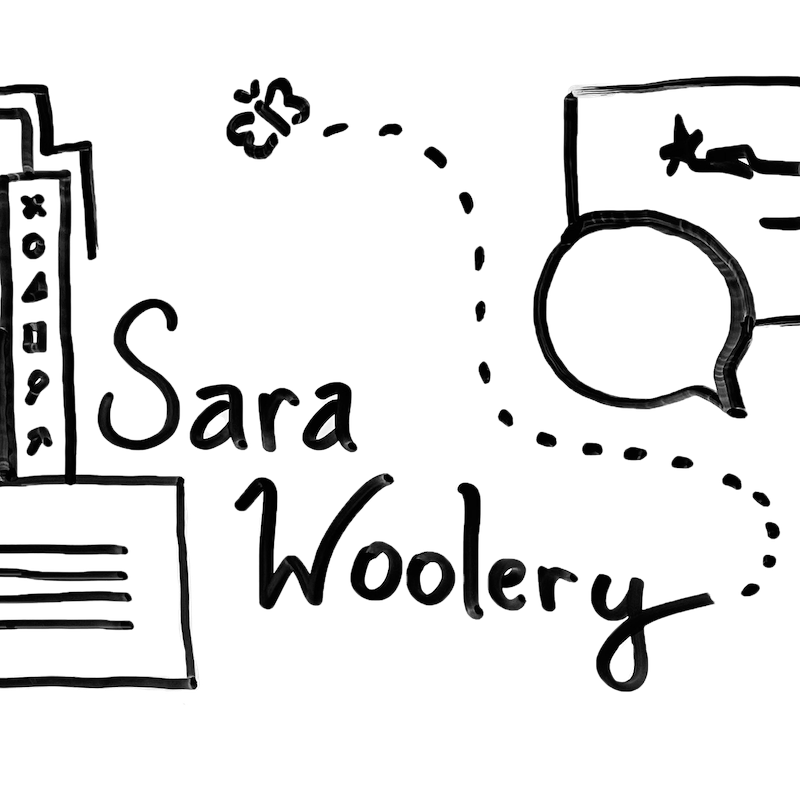 cropped image of whiteboard wireframes with the name Sara Woolery in the center