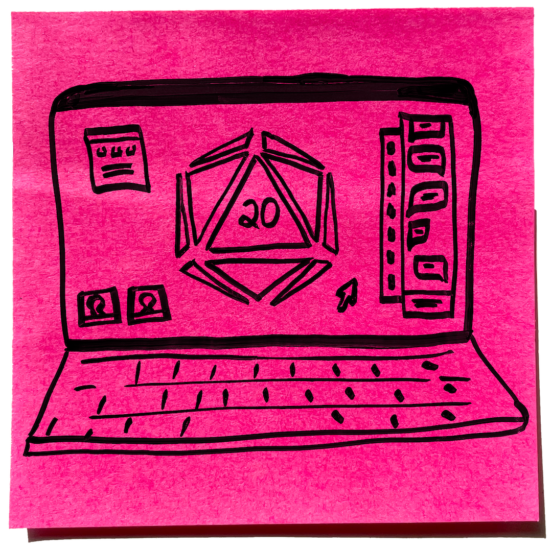market sketch of a laptop with tiny icons and Roll20 logo on screen